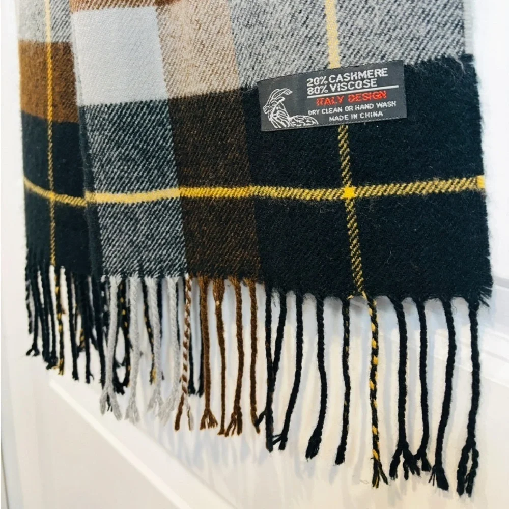 Cashmere Blend Scarf, Unisex Plaid in Black, Brown, and Gray, Italian Design, OS